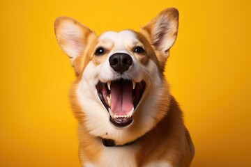 very happy dog corgi on yellow bright background
