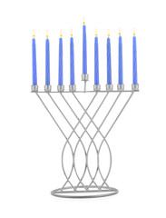 Hanukkah celebration. Menorah with blue candles isolated on white