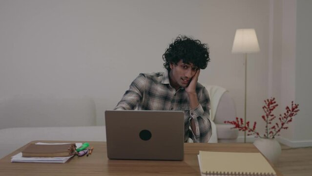 Man working on laptop do remote freelance task faced the challenge looking pensive and concerned, thinking of business problem, try to solve issues, search for solution, lack of creative ideas concept