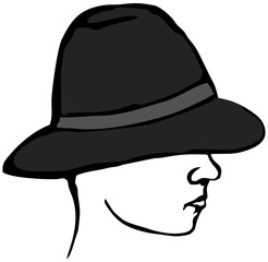 Linear drawing of a woman's head, with her face covered by a classic black hat