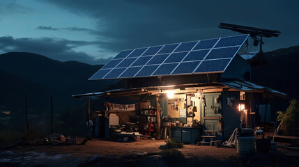 small offgrid dwelling with solar panels on the roof - obrazy, fototapety, plakaty