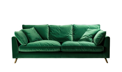 Elegant emerald green velvet sofa with plush cushions and gold feet on a transparent background.