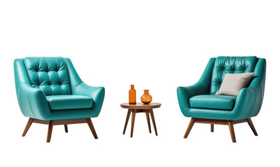 A set of two teal leather tufted armchairs with a small coffee table and vases on transparent background.