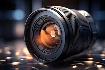 Camera lens with lense reflections. Close-up of a digital camera. A camera lens with a beautiful close-up optical unit with ai generate, world photography day concept. Camera photo lens 3D realistic - obrazy, fototapety, plakaty
