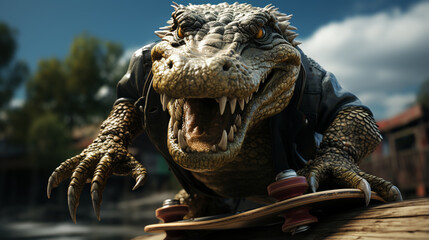 Cool Crocodile Playing Skateboard. generative ai - obrazy, fototapety, plakaty