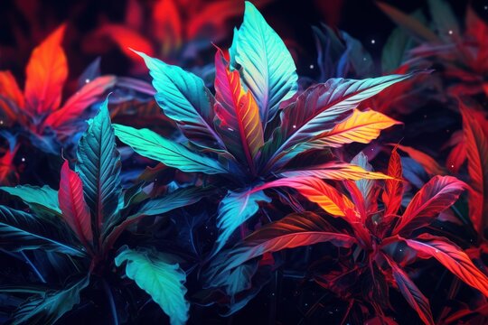 Bright neon tropical plants, Leaves in purple, pink, and blue tones, Cyberpunk-style ficus.
