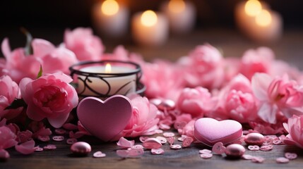 Romantic Pink Peonies and Heart Decorations with Candlelight