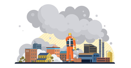 Obraz premium Air pollution vector illustration. Smog, insidious infiltrator, wraps its toxic tendrils around lungs our atmosphere The air pollution concept is puzzle, riddle threatening balance our ecology