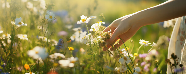 Wild flowers picking by hands at flower farm.