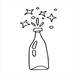 Champagne bottle with bubbles and fireworks. Doodle drawing. Vector New Year, holiday illustration