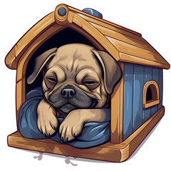 Cute Pug In Dog House Watercolor Clipart Illustration - obrazy, fototapety, plakaty