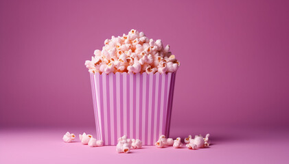 Popcorn for movie, cinema. Popcorn in pink bucket on isolated background. Banner pop corn salty cheese fast food snack mockup. Template blank copy space.