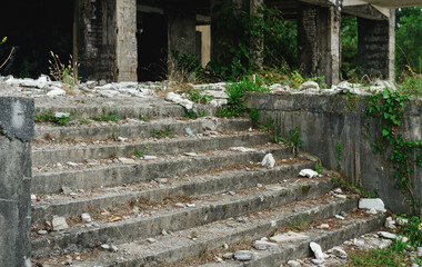 entrance stairway of ruined hotel