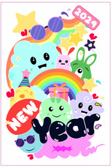 Vector illustration doodle style happy new year with rainbow template