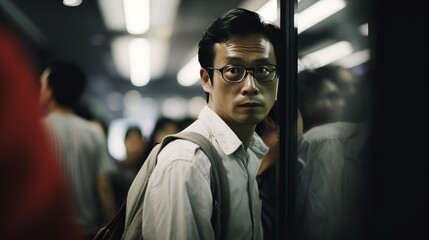 Fototapeta premium Man with Glasses and Backpack Standing Next to a Wall