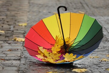 Open colorful umbrella with fallen leaves on wet pavement