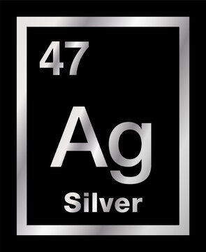 Silver, chemical element, taken from periodic table, with gradients and on black background. Noble and precious metal with chemical symbol Ag, for Latin argentum, and with atomic number 47. Vector.