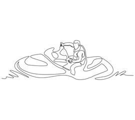 Continuous single line sketch drawing of man riding jet ski power boat on splash wave. One line art of water sport outdoor summer fun holiday activity vector illustration