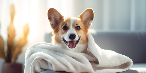 portrait of a dog,Cute corgi dog posing in medical mask. concept healthe lifestyle,ute ginger and white dog of welsh corgi pembroke breed, lying on white cover on the bed, pretty pet butt and back  - obrazy, fototapety, plakaty