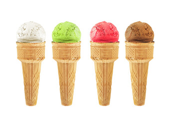 assorted icecream cones, set on white