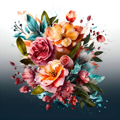 Beautiful bouquet of flowers with watercolor splashes on a dark background