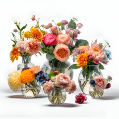 beautiful bouquet of flowers in vases on a white background