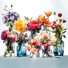 Colorful artificial flowers in glass vases on white background- stock photo