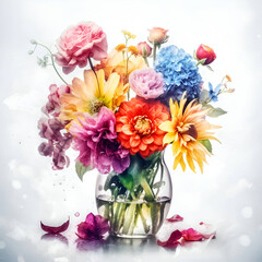Bouquet of colorful flowers in vase on white background.