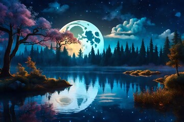 A gorgeous setting featuring a lake, trees, clouds, and a full moon. moonlit evening. starry heavens. Scene from a Fairytale Night. Enchanted woodland. colorful illustration. 