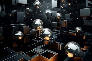 3D Geometric Art with Cubes and Spheres on Dark Background