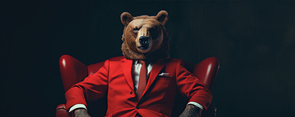 Bussiness man like Bear dressed in an elegant red suit. Bear market theme.