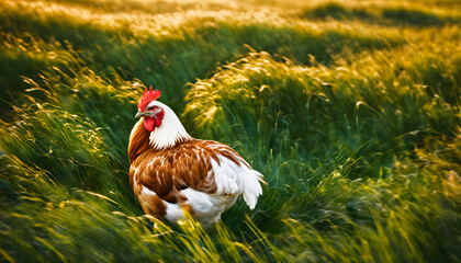 Fototapeta premium Chicken walking in the tall grass