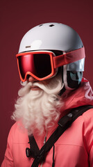 Santa claus wearing ski helmet and glasses on the pink background, in the style of minimalism. 