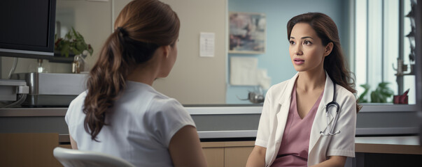Fototapeta premium Doctor talking to woman patient at hospital clinic.