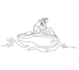 Continuous single line sketch drawing of woman riding jet ski power boat on splash wave. One line art of water sport outdoor summer fun holiday activity vector illustration