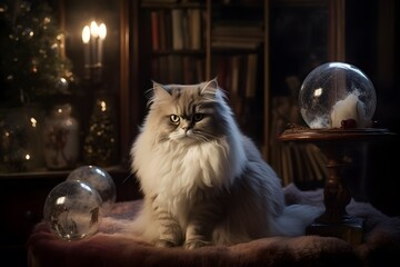 A Persian cat sitting on a rocking chair, surrounded by snow globes and candles (Generative AI) - obrazy, fototapety, plakaty