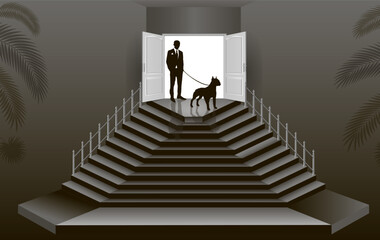 The interior of an empty room with a man and a dog.
Free space for copying a 3D image.
