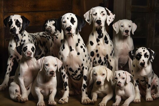 A Spotted Dalmatian, Surrounded By 101 Puppies Of The Same Breed, Looking Proud And Happy To Be A Parent Photo Realistic (Generative AI)