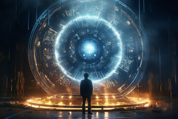  An image inspired by a sci-fi movie scene, showcasing a futuristic quantum teleportation device, reflecting an imaginative and speculative interpretation of quantum mechanics 