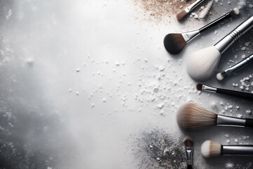 Makeup tools border design around blank space in  silver tones background. Flat lay composition of beauty products, brushes, color palettes and copy space banner. - obrazy, fototapety, plakaty