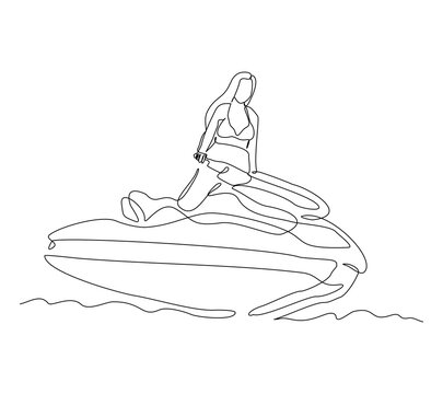 recommend clip art: Continuous single line sketch drawing of woman riding jet ski power boat on splash wave. One line art of water sport outdoor summer fun holiday activity vector illustration