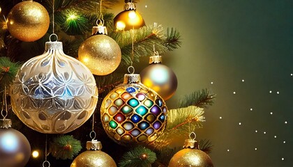 Christmas tree with beautiful, decorative, golden baubles on a green background. Christmas background with place for text

