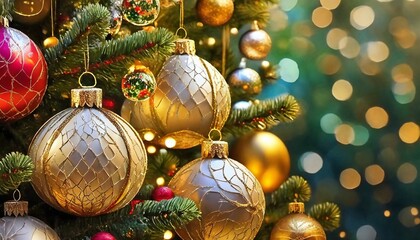 Choinka ozdobiona złotymi bombkami na zielonym tle. Bożonarodzeniowe tło z miejscem na tekst - obrazy, fototapety, plakaty