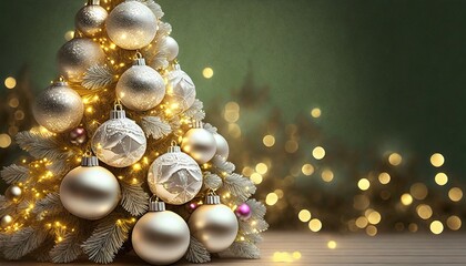 Choinka ozdobiona pięknymi, srebrnymi bombkami na szarozielonym tle. Bożonarodzeniowe tło z miejscem na tekst - obrazy, fototapety, plakaty