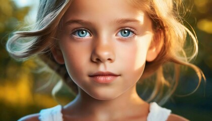 Portret dziewczynki o niebieskich oczach i twarzy delikatnie oświetlonej słońcem - obrazy, fototapety, plakaty