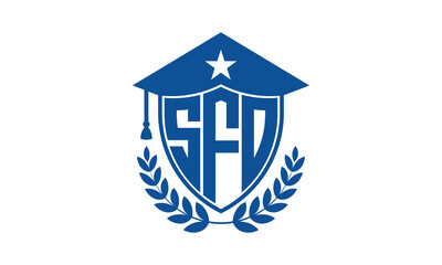 SFO three letter iconic academic logo design vector template. monogram, abstract, school, college, university, graduation cap symbol logo, shield, model, institute, educational, coaching canter, tech
