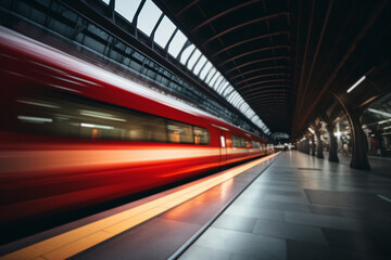 Fototapeta na wymiar Fast blurry red train driving through train station