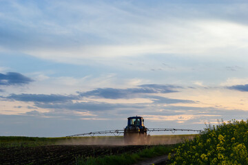 Fototapeta premium Tractor spraying pesticides on vegetable field with sprayer at spring