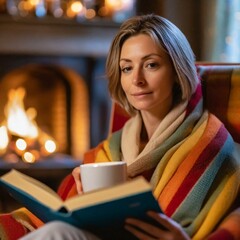 Kobieta otulona kocem siedzi w fotelu z książką i herbatą. W tle płonący kominek. Motyw zimowego relaksu w zaciszu domu

 - obrazy, fototapety, plakaty
