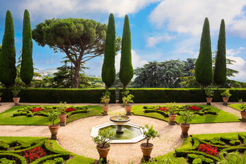 Park and landscape design of papal garden in Castel Gandolfo, Italy - obrazy, fototapety, plakaty